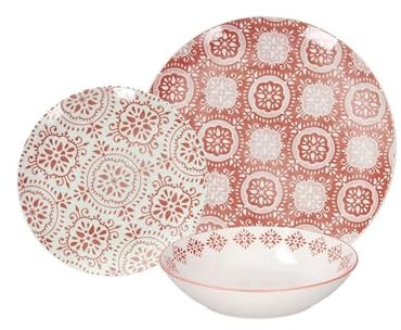 Juego de mesa con 18 platos de diferentes tamaños decorados – Juego de platos llanos y hondos para cocina, de porcelana, blanco y rojo