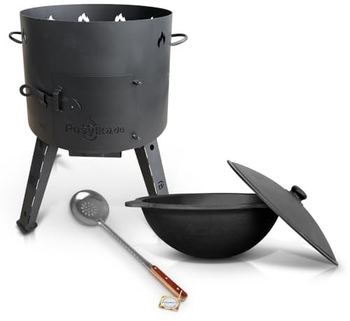 Utschak KazanoFF - Hornillo de hierro fundido con tapa (16 L) KazanoFF, horno de hierro fundido Kazan Kazan Kazan al aire libre, cuenco de fuego, camping, espumadera para Plov, 48 cm (Set 16-6)