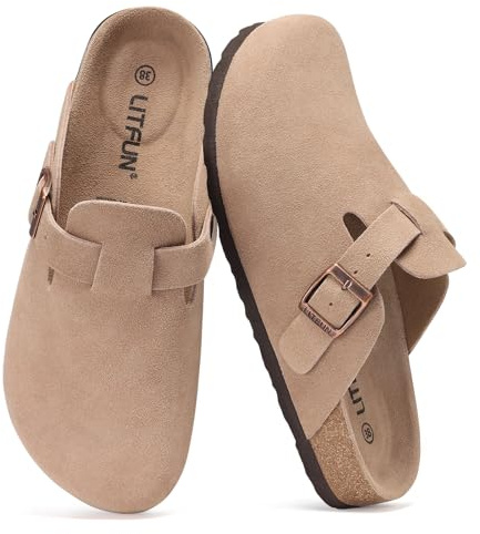 Litfun Suede Clogs for Women Soft Footbed Mules with Arch Support | Genuine Suede, Cork Footbed Leather Protato Shoes, Adjustable Buckle, Slip-resistant Outsole