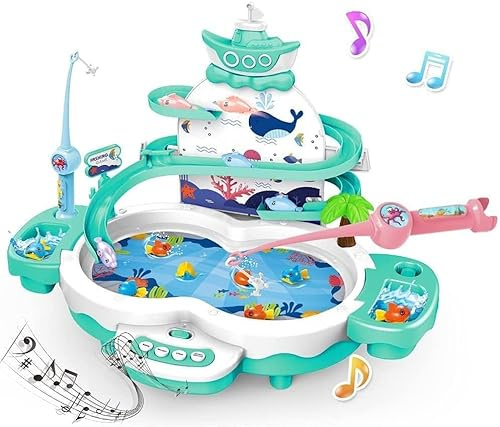 Fishing Set Toy Fishing Game Toys with Music for Kid Racing Track Toy Double Loop Track Slide with 10 Fishs 2 Fishing Rods Fishing Game Water for 3+ Boys Girls