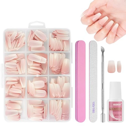 BUTBU 240 Stück Falsche Nägel Tips Set, Französisch falsche nägel Zum Aufkleben, 12 Größen French Press On nail set, Fake nails mit Kleber für Damen Und Frauen (Farbverlauf Lange Sargnagelspitzen)