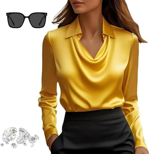 Generisch 2025 Camiseta de Manga Larga Elegante para Mujer con Cuello en V, de un Solo Color, con Drapado en la Parte Delantera, de Seda Satinada, para Trabajo y Oficina, amarillo, L