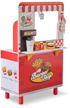 Teamson Kids Burger Shop en Bois Rouge pour Enfant avec Grill friteuse Distributeur Boissons et Accessoires pour Jeu éducatif & créatif
