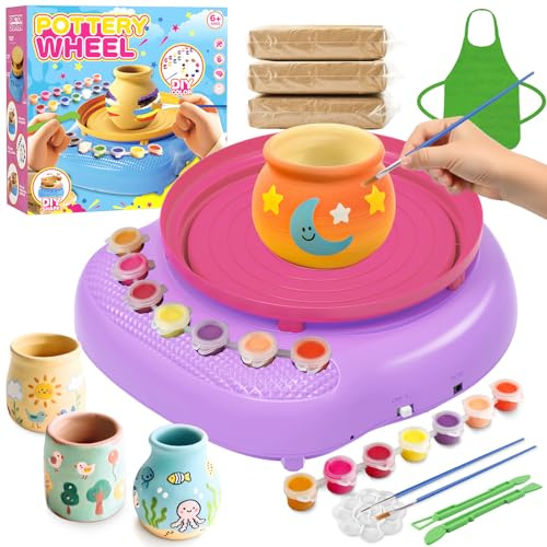 Weilim Tornio Ceramica Bambini 6-12 Anni, Kit Fai-da-Te, Regalo | Kit completo: 3 argille autoindurenti, 14 colori, strumenti, grembiule, tornio ricaricabile USB. Regalo bimbi 6-12 anni.