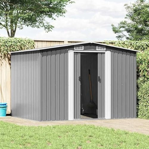 Abri de Jardin en métal Gris, 257 x 205 x 178 cm, abri à Outils avec Double Porte coulissante, cabane de Jardin en Bois, métal et Plastique pour Outils de Jardinage
