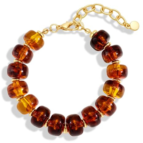 HolidayQbee Amber Brown Gradient Chunky Barrel Bead Bracelet For Women, Tortoiseshell Resin Beaded Bracelet, Summer Beach Holiday Fashion Jewelry For Daily Wear, Birthday Gift For Her