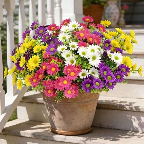 TINA 8 paquetes de flores artificiales como reales, plantas artificiales para balcón resistentes a la intemperie, margaritas decorativas, ramo de flores artificiales, decoración primaveral, flores