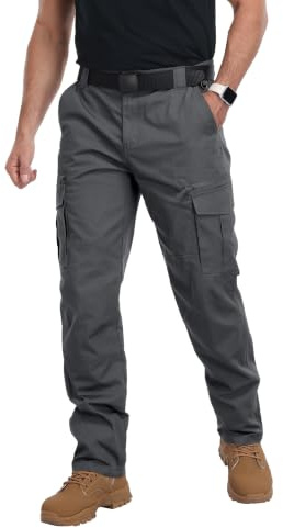 ZITY Men’s Cargo Work Trousers Heavy Duty Combat Utility Pants Multi Pocket Durable Semi Elasticated Waist with Button & Zip Fly Gray