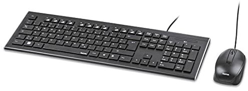 Hama Computertastatur Maus Set (kabelgebunden, ergonomisch, deutsches Tastenlayout QWERTZ, leise Tasten, flaches Design, 12 Media-Tasten, optische Maus, 1000 DPI, USB-Anschluss, PC, Laptop) schwarz