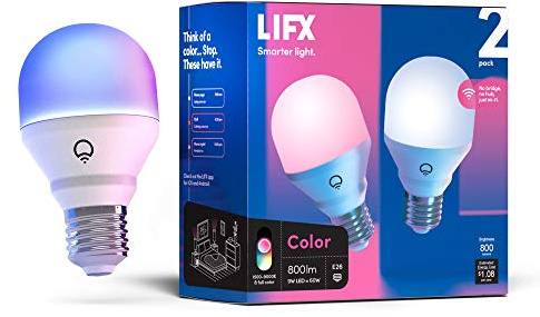LIFX Color Smart Light Bulbs E26 (2-Pack), Matter Compatible RGB + Tunable White (800 Lumens), WiFi Dimmable Color Changing (2.4GHz), Compatible with Apple HomeKit, Alexa & Google
