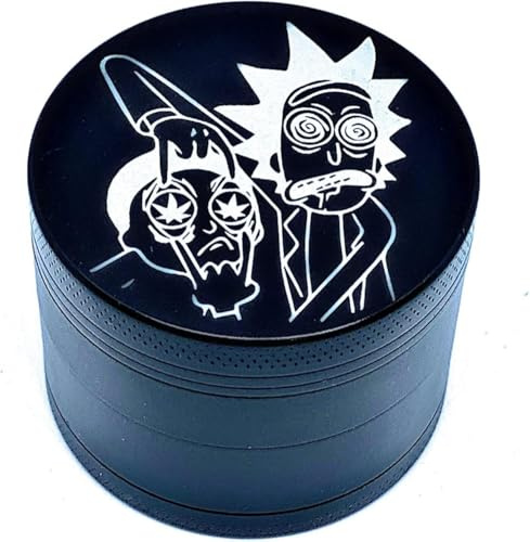 TPLF Grinder Rick e Morty 50 mm in 4 partiti Licks My Balls-lega di zinco resistente, nero e trituratore di erbe secche con una spatola a polline e coperchio magnetico per una chiusura perfetta.