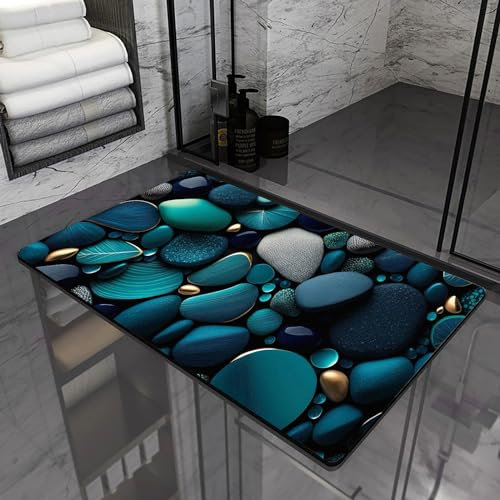 Olnamaro Tapis de Bain Diatomite,Tapis De Bain Antidérapant&Merveilleux Motifs de Pierre en 3D,Tapis de Bain Doux, Absorbant et Séchant Rapidement 80x50cm,Décorer l'ambiance (Bleu, 80x50CM)