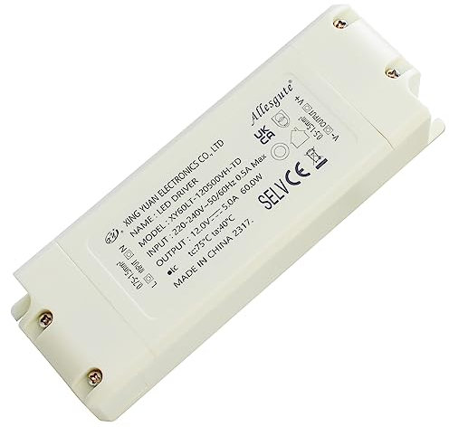 Allesgute LED Driver 12V 5A, 60W Transformer 240V AC to 12V DC Constant Voltage Power Supply for Strip Lights G4 MR11 MR16 Bulbs, 1Pack