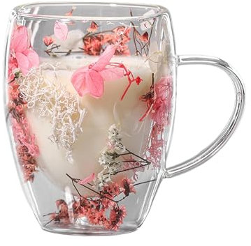 350ml Doppelwandige Glasbecher Tasse Mit Trockenen Blumen, getrocknete Blumen doppelwandige Glastasse, Glas-Kaffeetassen mit Griff, Schöne Teetasse Mit Griff Isoliert Hitzebeständig