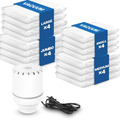 Sacchetti sottovuoto per abiti con pompa elettrica inclusa, confezione da 16 pezzi (4 Jumbo, 4 grandi, 4 medi, 4 piccoli), per coperte, materassi, cuscini, biancheria da letto, viaggi e traslochi