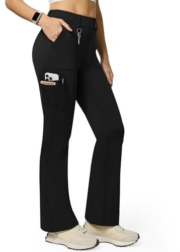 Women's Stretch Cargo Pants High Waist Bootcut Flare Leggings with 6 Pockets Soft Yoga Work Pants for Business Casual, Travel, Athletic Black(L)