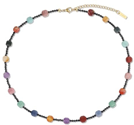 GAVU Collana da Donna con Perline Quadrate di Pietre Naturali Colorate e Piccole Perline di Cristalli di Spinello Nero, Collana Satellite da Donna con Cristalli Colorati