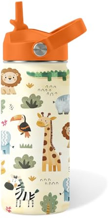 16oz Kids Wild Animal Water Bottle with Straw Lid, Stainless Steel Insulated Tumbler, Leakproof, BPA-Free, for Boys & Girls, Travel - Forest Friends Nature Lovers Birthday Gift Cup (1pc)