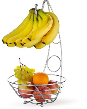 Besto Fruit Bowl With Banana Hanger | Chrome Wire Frame Banana Tree Stand for Kitchen | 2 In 1 Fruits Basket | Storage for Fruit, Vegetables, Snacks, & More