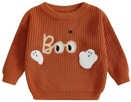 Xeadoffubio Bébé Garçons Filles Halloween Pull Tricoté Citrouille Esprit Broderie Tricot Manches Longues Col Rond Citrouille Boo Broderie Pull Bébé Halloween Tricoté Top, Orange, 12-18 mois