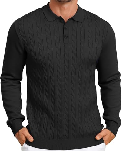 Elainone Maglione Polo da Uomo a Manica Lunga con Colletto Polo, Maglione Pullover a Trecce Slim Fit, Maglione Leggero a Maglia Fine per Il Tempo Libero Nero L