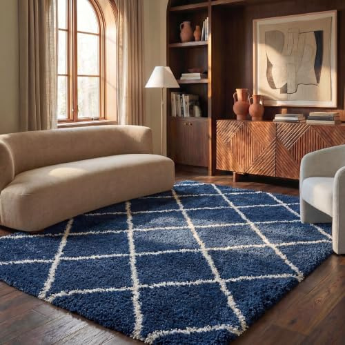 SAFAVIEH Hudson Shag Collection Area Rug - 6' x 9', Navy & Ivory, Modern Diamond Trellis Design, Non-Shedding & Easy Care, 2-inch Thick Ideal for High Traffic Areas in Living Room, Bedroom (SGH281C)