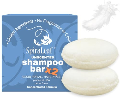 Spiraleaf Solid Shampoo Bars x2 – UNSCENTED Shampoo Bars, All Hair Types, Rich Nourishing Oils, Fragrance-Free, Dye-Free, Concentrated Formula, Crafted in the USA