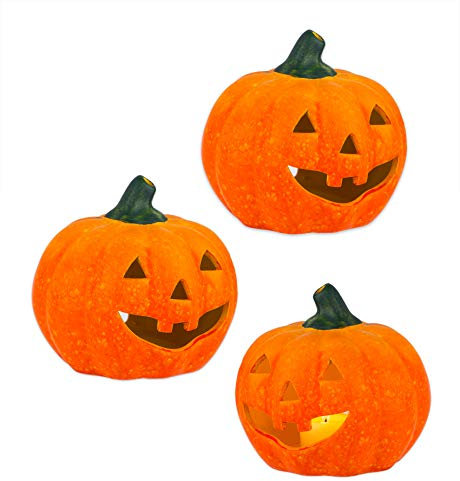 BigDean 3er Set Halloween-Kürbis Windlicht groß - HxD: ca. 13x14 cm - Zierkürbis als Herbstdeko - Aus Keramik - Mit Öffnung für Teelichter - Mottoparty-Deko