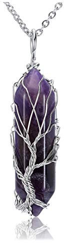 JOVIVI Tree of Life Amethyst Crystal Pendant Necklace Silver Wire Wrapped Purple Gemstone Healing Point Chakra Quartz Necklace for Women Men