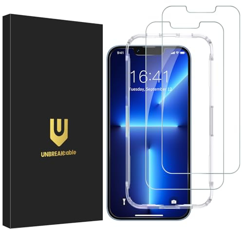 UNBREAKcable 2-Pack Screen Protector for iPhone 14/13/13 Pro Military-Grade Shatterproof Tempered Glass [9H+ Hardness] [Easy Installation Frame] [99.99% HD Clear] for Apple iPhone 13 Pro/13/14
