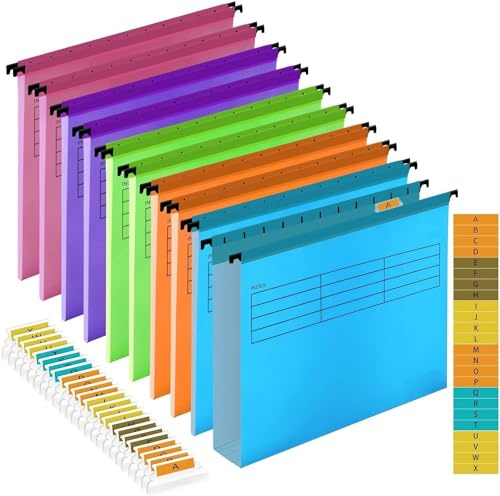 A4 Suspension File, Polypropylene Filing Cabinet Suspension Files with Tabs and Card Inserts A4 Hanging Filing Folders for Office Organization Home Work (10)