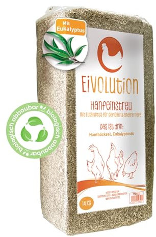 eivolution Hanfeinstreu mit Eukalyptus 14 KG - Staubfreie Einstreu für Hühner & Pferde - Extrem saugfähig - Nachhaltig für gesunde Ställe