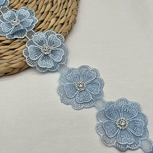 Yulakes 2 Yards 3D Blumen Spitzenbesatz exquisite bestickte Applikation Patches Stoff Gold Perle Perlen Spitzenband Spitzenborte für DIY Nähen Handwerk (Blau)