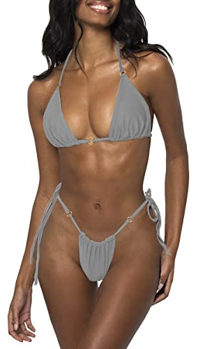 LUNNTE Ensemble bikini pour femme string bikini maillot de bain push-up avec coupe triangle à spaghettis maillot de bain deux pièces, gris, L