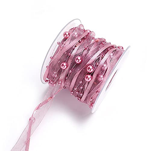 10m Perlengirlande mit Organzaband,künstliches Perlenband Chiffonband und Organza-Spitzenband für Hochzeit, Blume, Weihnachtsbaum, Dekoration, Nähen, Basteln, Verpackung,Rosa