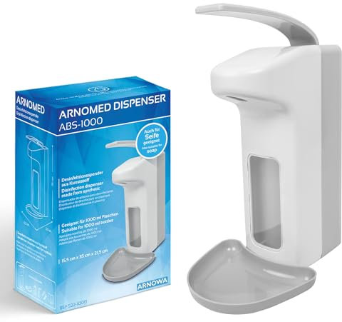 1x ARNOMED Kunststoff-Desinfektionsspender, Desinfektionsmittel-Spender für 1000ml, Eurospender, Seifenspender Weiss zur Wand-Befestigung, Desinfektionsspender Wand, Seifenspender stehend ohne Bohren