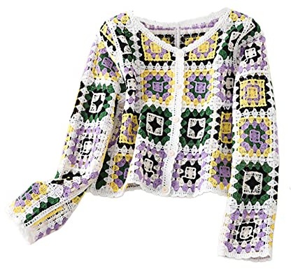 Femmes Y2k Pull au crochet Fleurs évidées Crop Top Crochet Vintage Coloré Cardigan d'été Boho Gilet tricoté creux Plage Maillot de bain Manches longues Décolleté en V Cardigan avec Patte de bouton