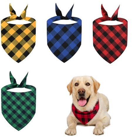 RTRTGS 4er Set Klassisches Kariertes Hundehalstuch aus Baumwolle - Hunde Dreiecks Halstuch - Verstellbares Bandana Dreieckstuch für Hunde in verschiedenen Größen(60 * 40 * 40CM)