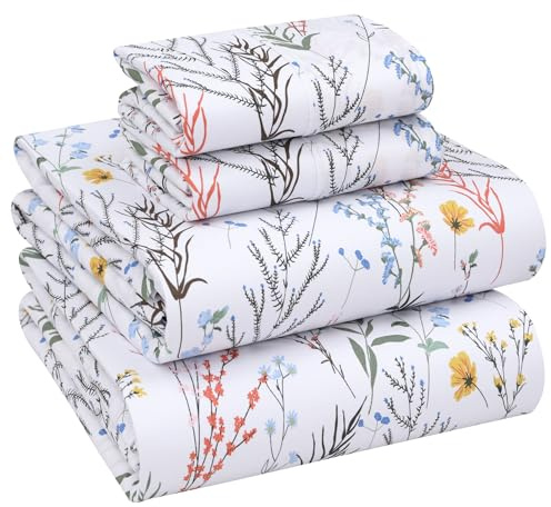 Ruvanti 100% Cotton Sheets Queen Size Set, 4 Pieces, Soft & Breathable Percale Weave Bedding, Deep Pocket 16, Hotel Standard, Crisp Cool Feeling, Durable, Perfect Floral Bed Sheet, Aroma