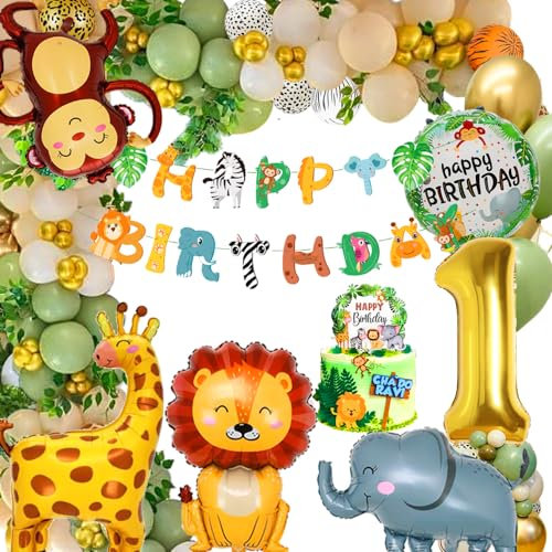 Decoración de primer cumpleaños: selva y safari con globos y animales del bosque para niños y niñas