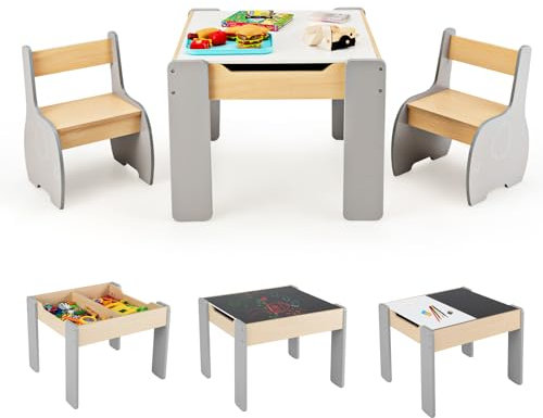COSTWAY Kindertisch mit 2 Stühlen, 3 teilige Kindersitzgruppe aus Holz mit wendbarer & abnembarer Tischplatte, Kinder Maltisch mit Stauraum, Kindermöbel Sitzgruppe für Kinder ab 3 Jahren (Grau)