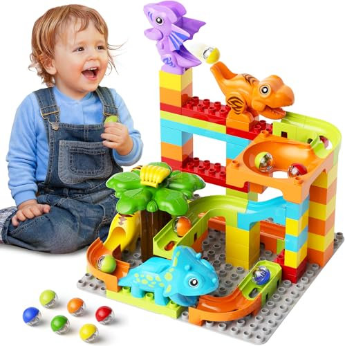 burgkidz Murmelbahn Bauklötze Dinosaurier Set, 78-teiliges Interaktive Kugelbahnen Labyrinth Spiel Kompatibel Konstruktionsspielzeug, STEM Pädagogisches Geschenk für Kinder Alter von 3+ Jahren