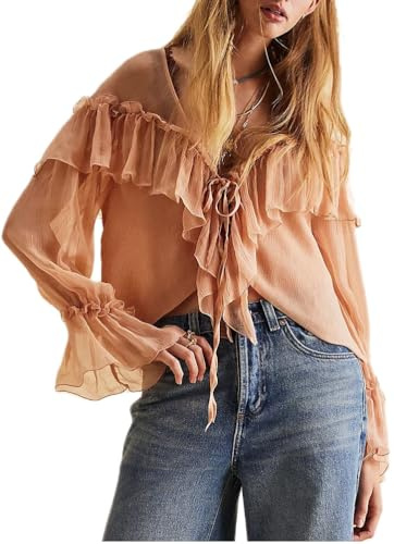 Womens Flowy Bow Front Tie Top Long Sleeve Peplum Lace Trim Chiffon Shirt Sheer V Neck Boho Ruffle Beach Blouse