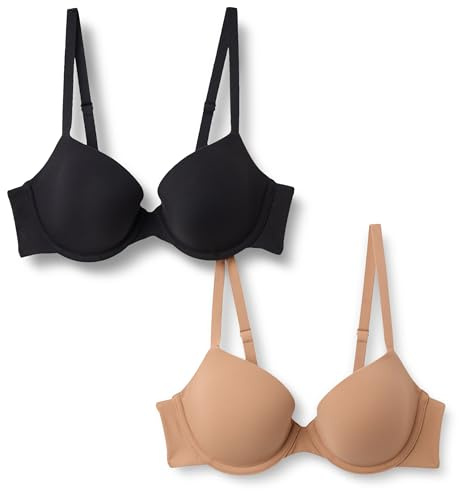 Amazon Essentials Reggiseno a Mezza Coppa Imbottito con Ferretto, in Microfibra Ultra Morbida Donna, Pacco da 2, Bronzo Lavato/Nero, 1A