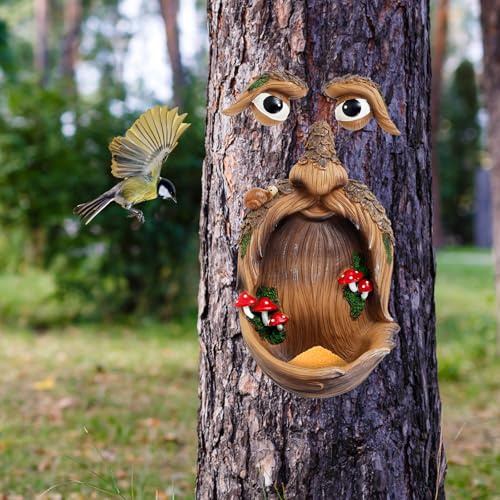 Faccia dell'albero mangiatoia per uccelli, decorativo esterno vecchio uomo viso uccello, novità stazione di mangime per uccelli selvatici, stazione di mangime per uccelli in resina artificiale