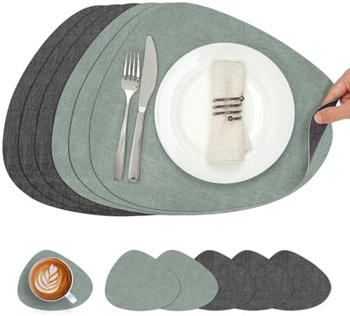 Chitomars Placemats and Coasters Set of 6 Dual Sided Faux Leather Table Mat | Heat Resistant Washable Place Mats Non Slip Waterproof PU Leather Placemat for Dining Table Indoor Outdoor(Grey Sage Green)