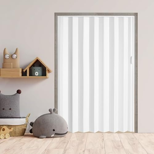 60X80in PVC Interior Folding Accordion Door,Accordion Door Interior,Folding Doors for Closet, Multifold Sliding Doors for Closet with Simple Installation and Installation,Handle,Latch,White
