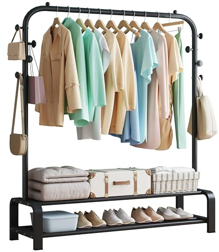 SMILOVII Clothes Rail, Free Standing Clothing rail with Hanging Rail、Shoe Storage & 8 Hooks, Metal Clothes rack, Perfect Clothes rails for bedroom, Home & Shops - Black