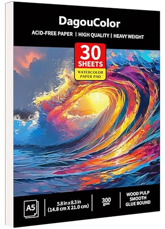 Dagoucolor Papel Para Acuarela, Ocean Blue, A5, 1 Pack | 30 hojas Papel sin ácido 300gsm, Papel Acuarela Cuaderno, Bloc Acuarela Para Adultos Profesional Pintar, Dibujar y Bocetos