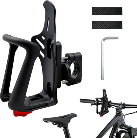 Portabidones Bicicleta Ajustable Universal, Soporte Botella Ajustable 55-85mm con Base Giratoria 360° - Instalación en Manillar/Marco, Material Nylon+Acero para MTB, Carretera, E-Bike, Moto